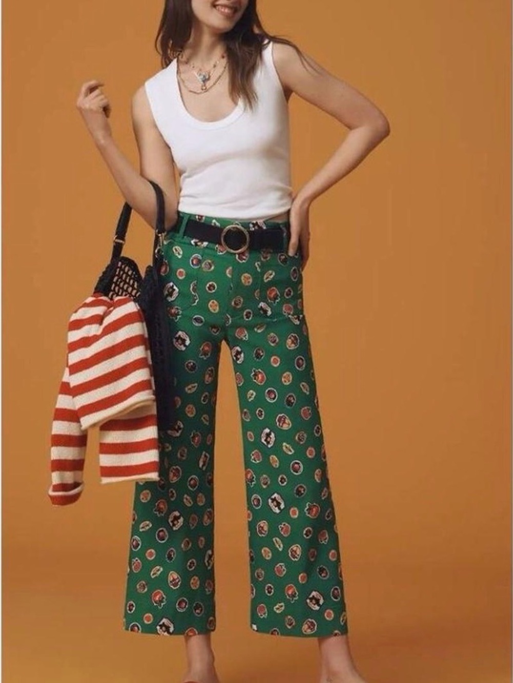 Maeve Green Printed Wide-Leg Pants with Multicolor Motifs